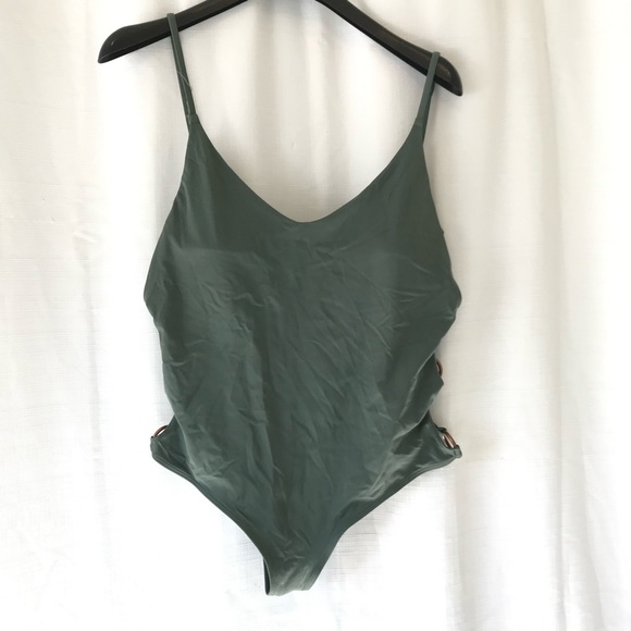 AERIE Cheeky Side Ring One Piece Swimsuit GREEN open back adjustable padded XL - Picture 1 of 10